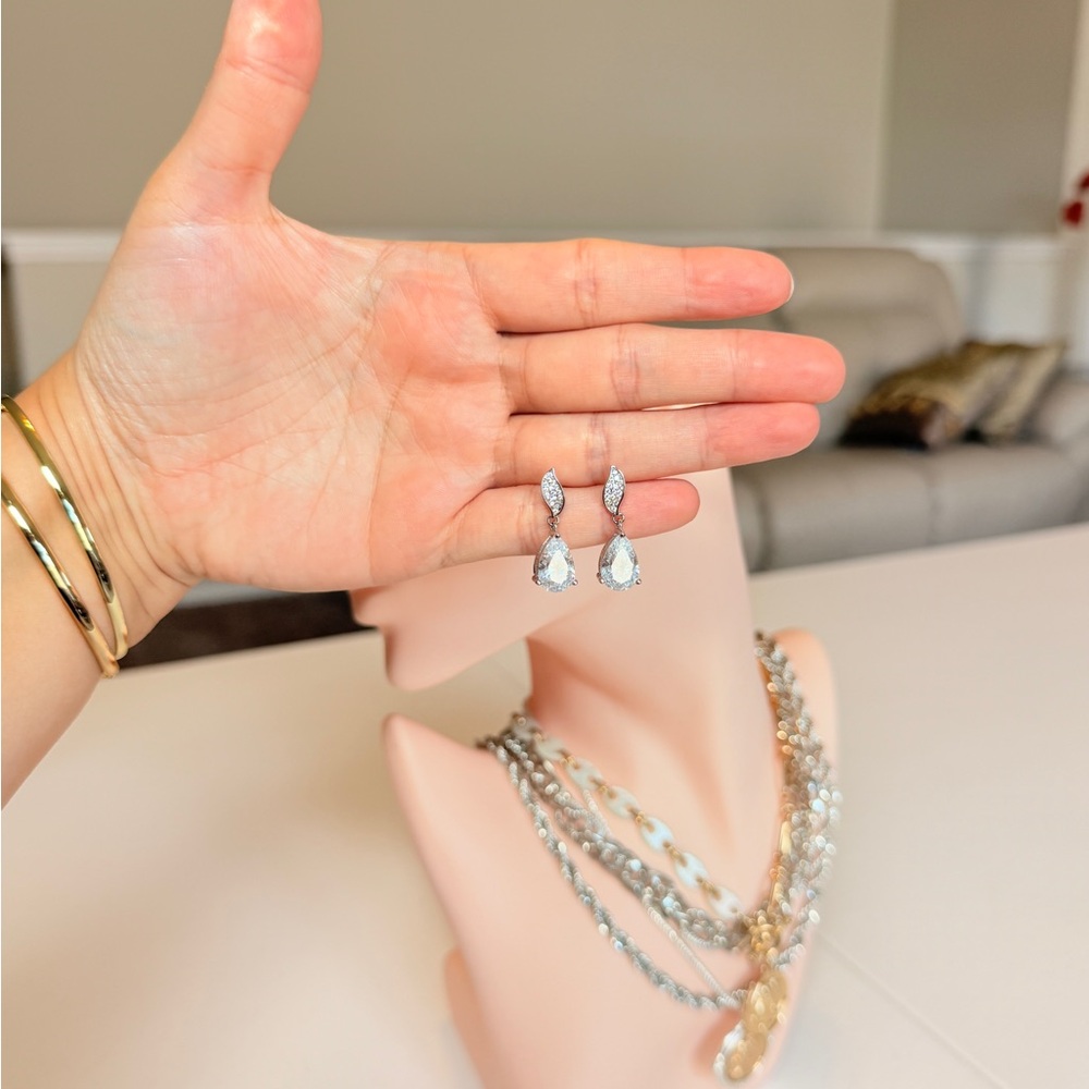 Silver Teardrop Crystal Drop Earrings - Picture 9 of 11